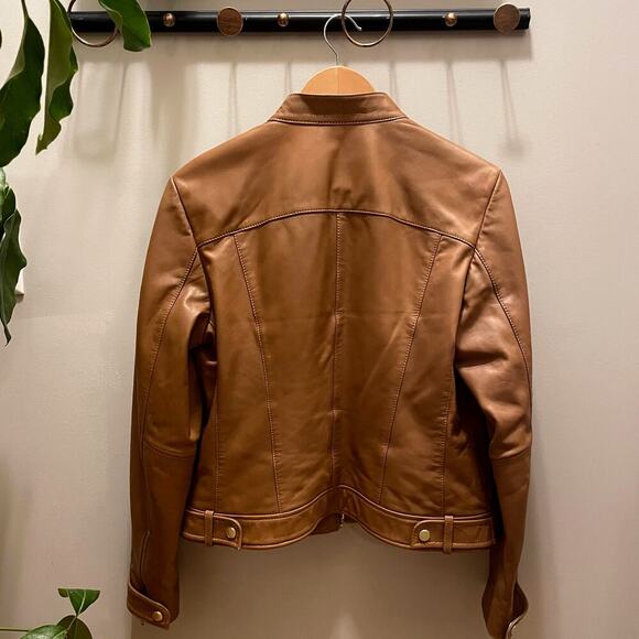 Cole Haan L Genuine Lambskin Leather Moto Jacket | Caramel Brown, Gold Zippers - Picture 3 of 11